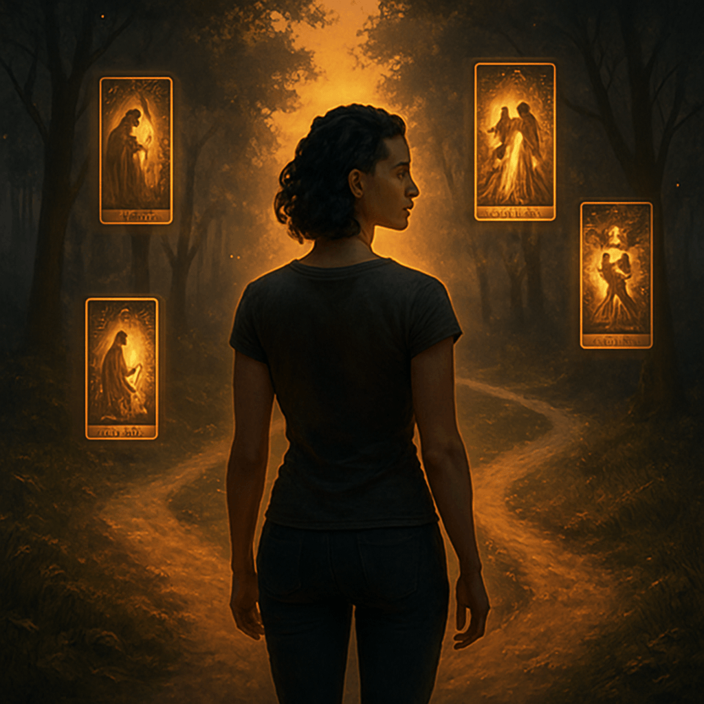 Imagen de una persona frente a un cruce de caminos, con cartas de tarot iluminando las opciones, simbolizando la toma de decisiones consciente.
