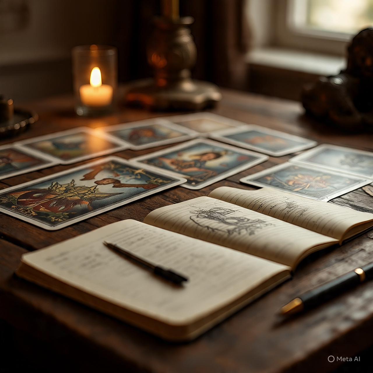 Imagen de cartas de tarot dispuestas artísticamente sobre una superficie, con un enfoque en sus símbolos y arquetipos, no en la adivinación.