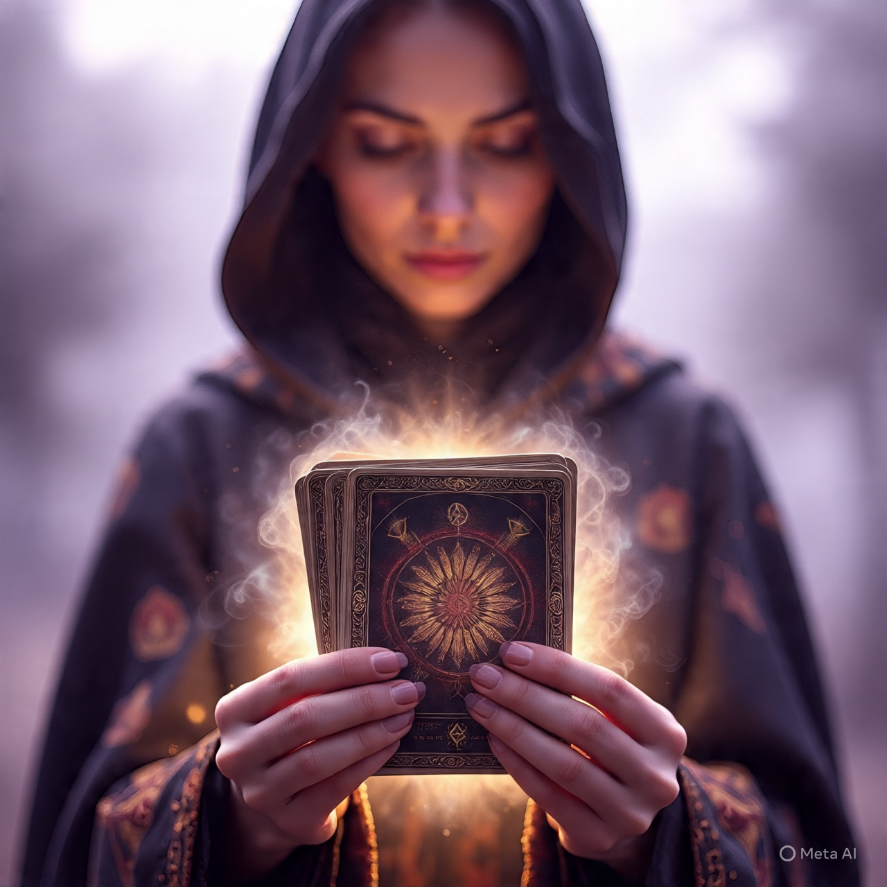 imagina una bruja moderna sosteniendo en sus Manos un mazo de cartas de tarot antiguas o bellamente ilustradas, con un aura de luz suave y mística que emana de ellas. El fondo es un desenfoque sutil que sugiere introspección o un camino iluminado, representando el autoconocimiento y la toma de decisiones conscientes. Estilo artístico, tonos cálidos y violetas."