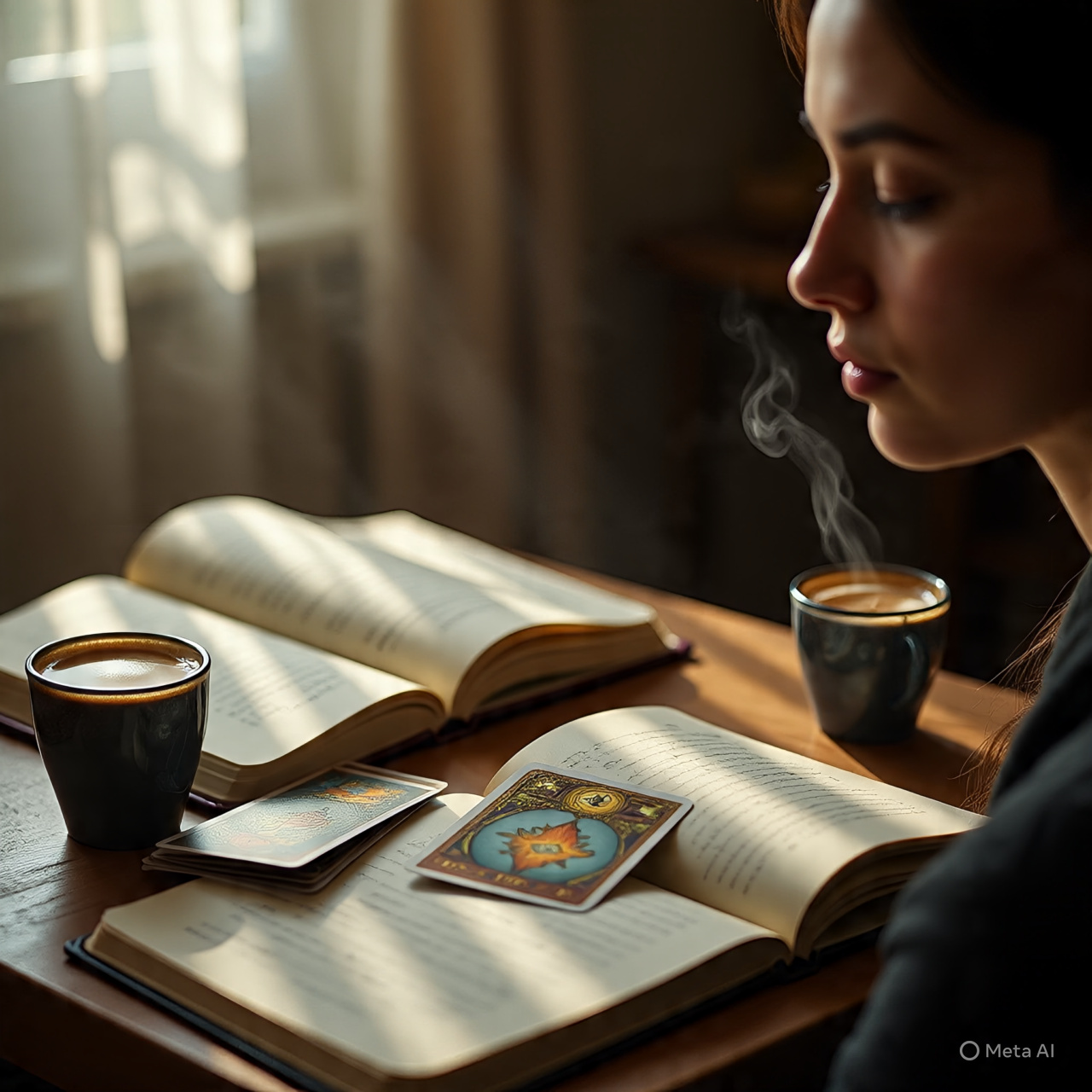 Imagen de una persona integrando el tarot en su rutina diaria, con cartas junto a un diario o una taza de café, simbolizando la práctica constante.
