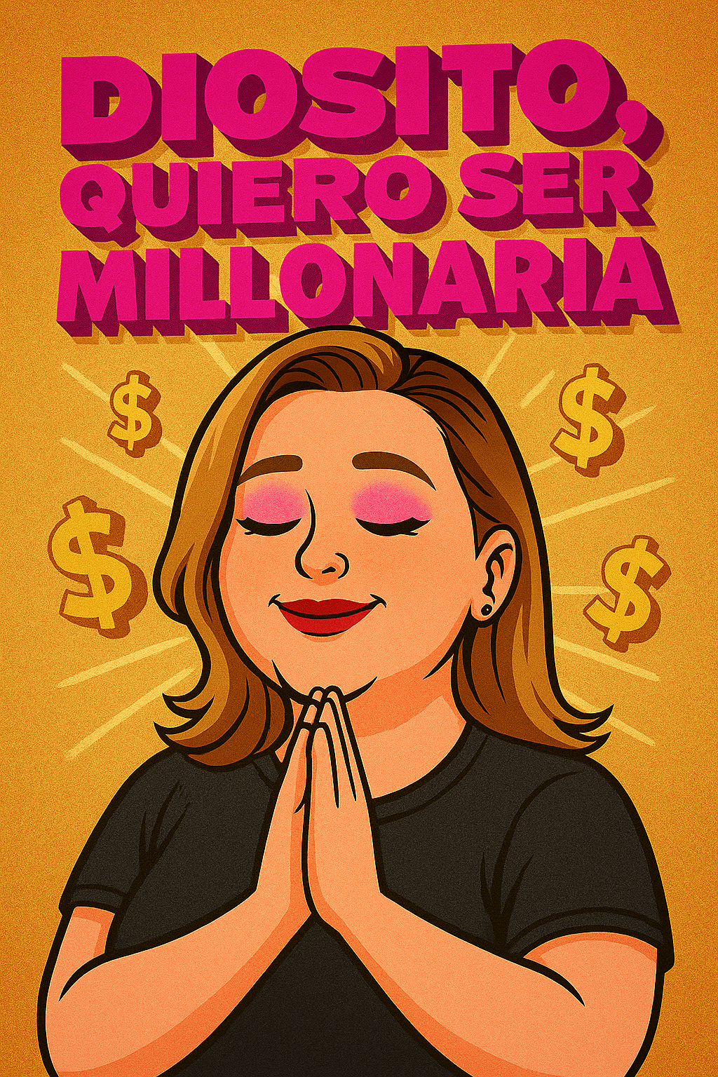 Ilustración estilo retro de una mujer rezando con expresión serena, rodeada de signos de dólar y un fondo dorado. Texto 3D: “Diosito, quiero ser millonaria”