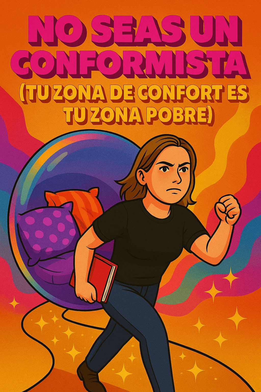 Imagen de una persona saliendo de una zona de confort simbolizada por un círculo, hacia un camino de crecimiento y oportunidades, representando el no conformismo.