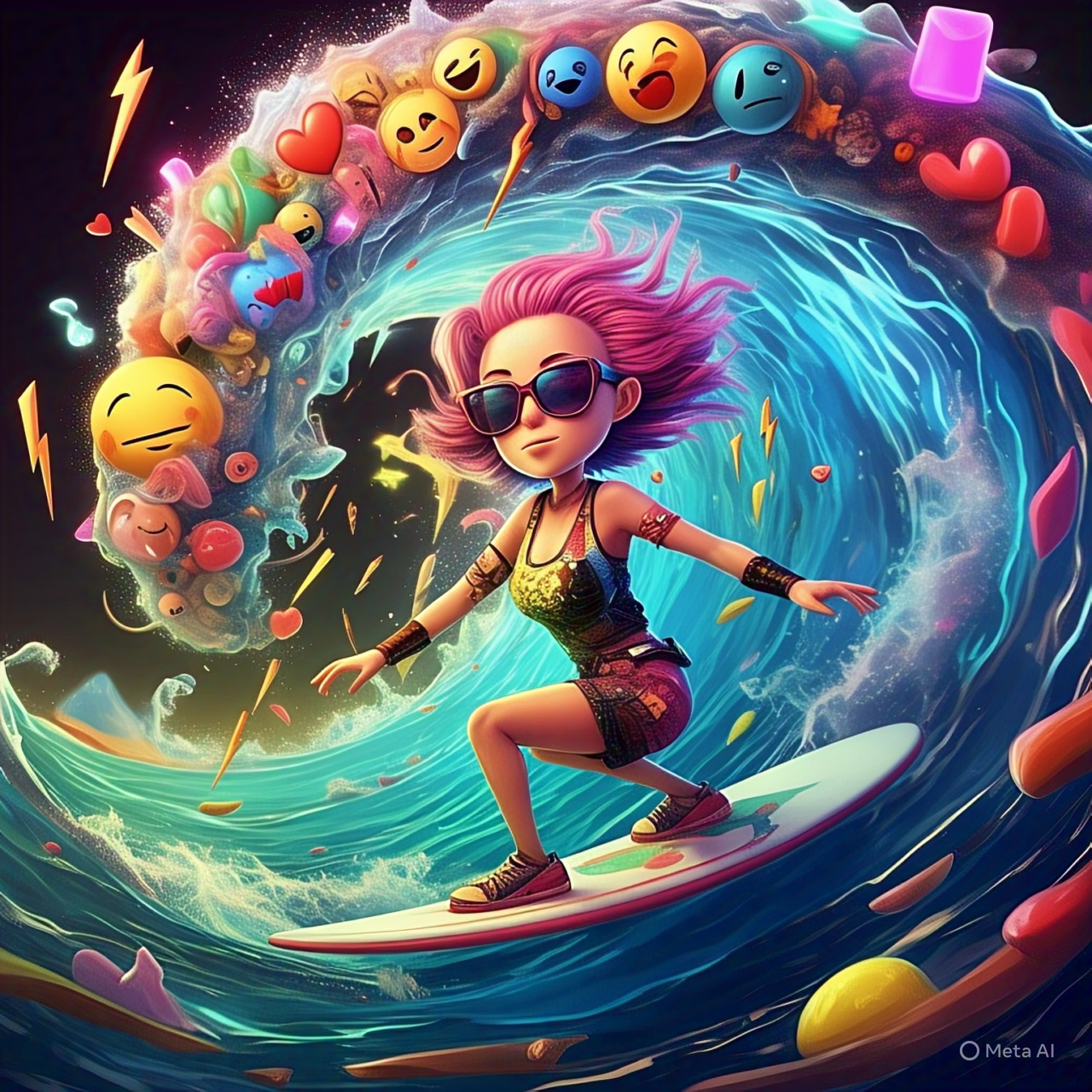 Imagen de mujer surfeando una ola de emociones con estilo y humor