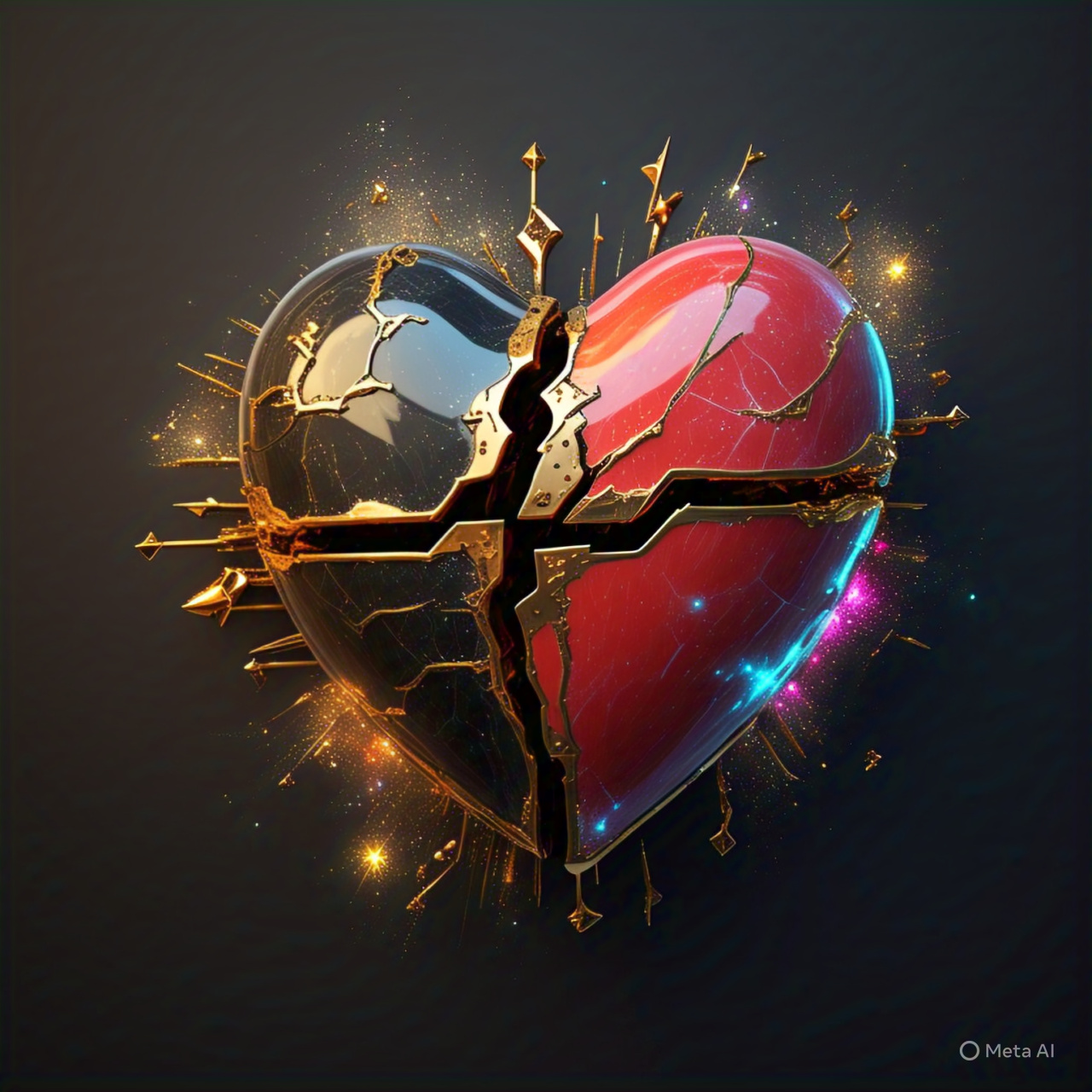 Imagen de corazón estilo Kintsugi con un toque moderno y divertido, quizás con brillantina
