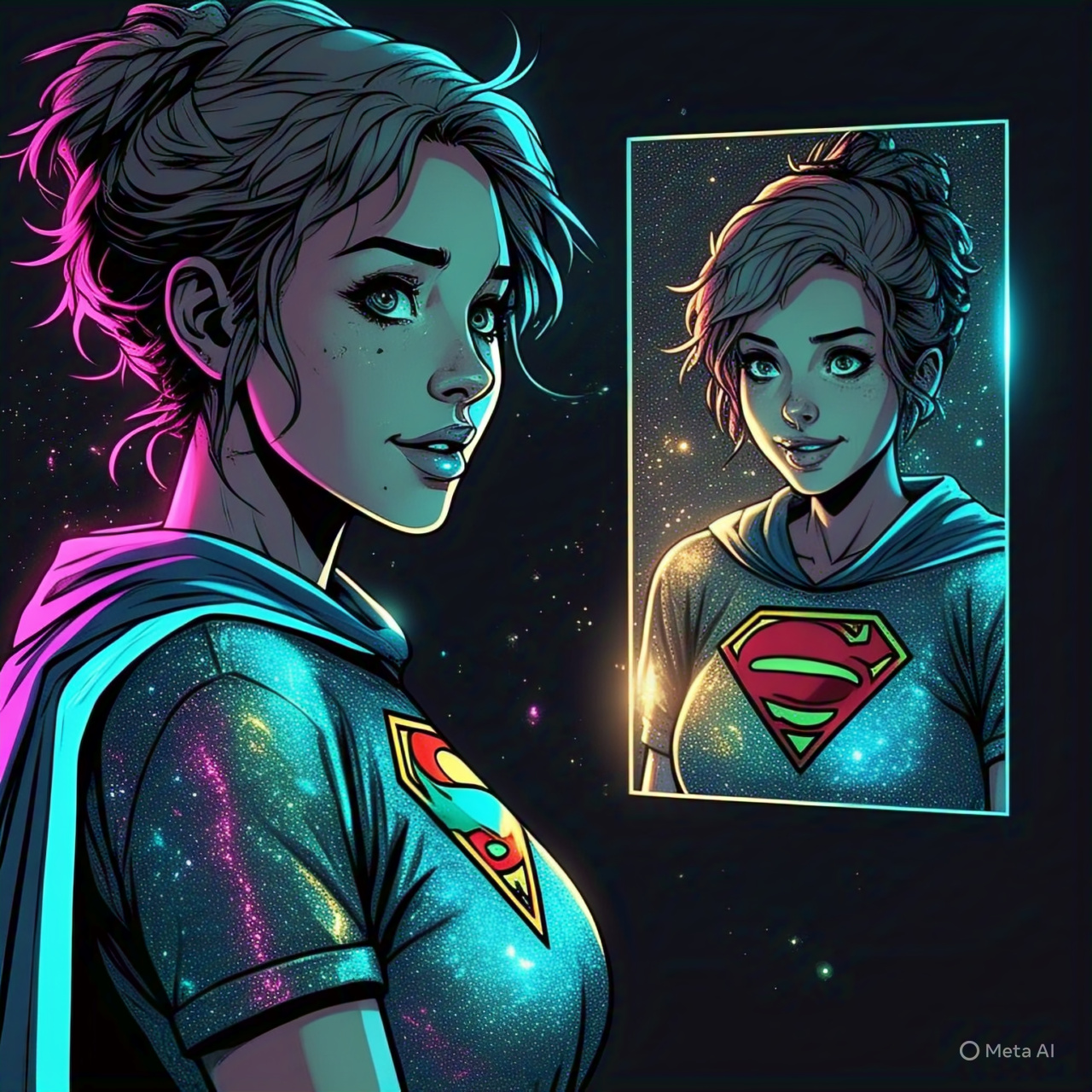 Imagen de mujer viéndose en un espejo y observando un reflejo fuerte, sonriente y con una capa de superhéroe con brillantina