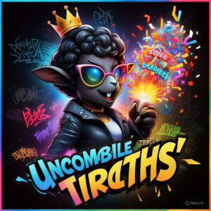 "A rebellious black sheep with a mischievous smile, mid-action as she detonates a confetti bomb labeled 'Uncomfortable Truths'. The explosion sends out sarcastic phrases, neon-colored confetti, and glittery chaos. She wears oversized sunglasses, a leather jacket, and a tilted crown. Background is pitch black with glowing graffiti-style symbols and ironic slogans. Cinematic lighting, edgy cartoon style, high detail, with vibrant contrast. The whole scene screams boldness, rebellion, and unapologetic attitude — signature style for Sarcasmo Puro Yenny."