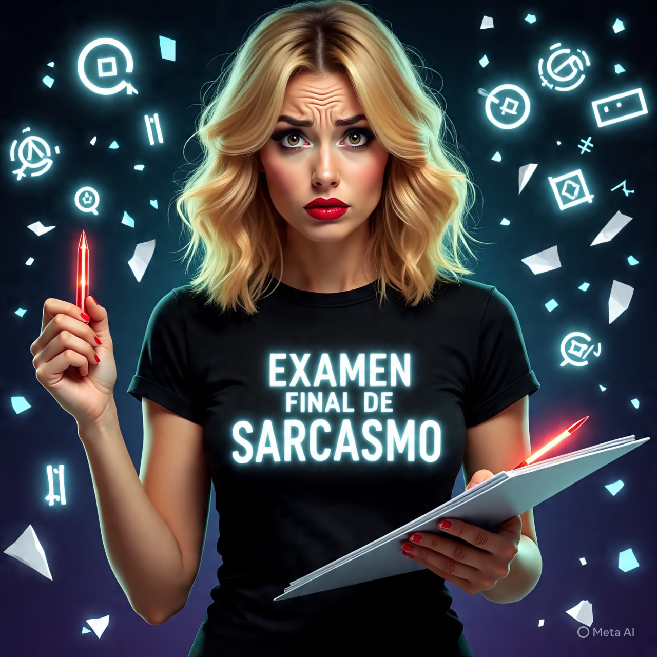 Imagen de un examen final con preguntas humorísticas y un lápiz ardiendo, simbolizando el desafío final del curso de sarcasmo.